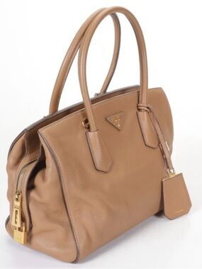 Prada Zippered Two-Way Bag in Beige Vitello Daino Leather